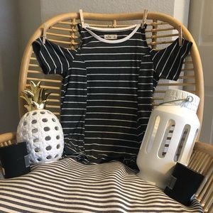Grey and white stripe cold shoulder top